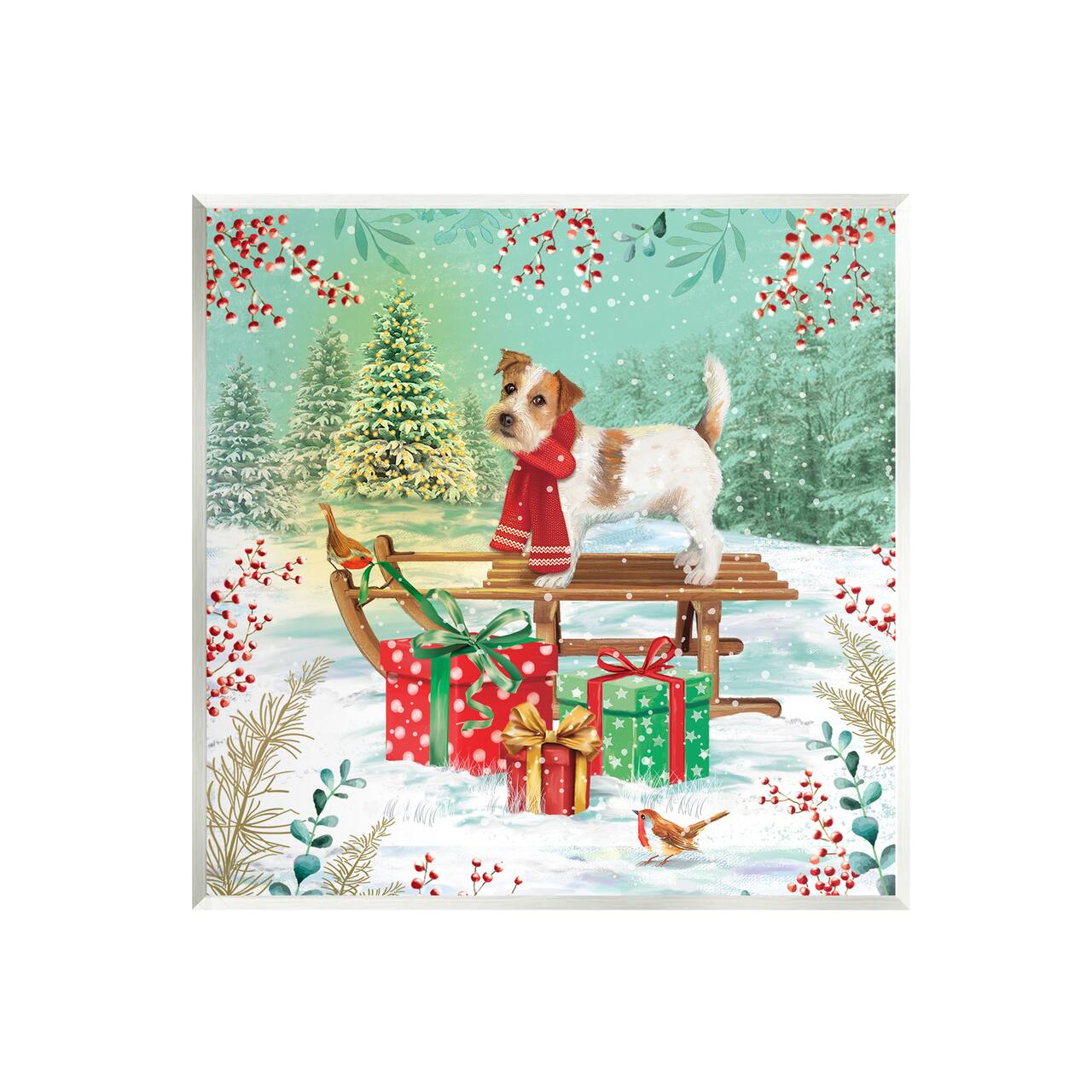 Stupell Industries Puppy on Sled with Christmas Gifts Wall Art Plaque